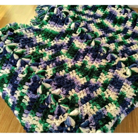 Afghan Blanket Heathered Green Blue Purple and White w/ Tassels, EUC - Picture 3 of 10
